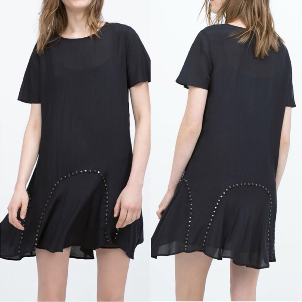 $89 NWT  Zara Navy blue crepe short sleeve mini dress with stud detail, L